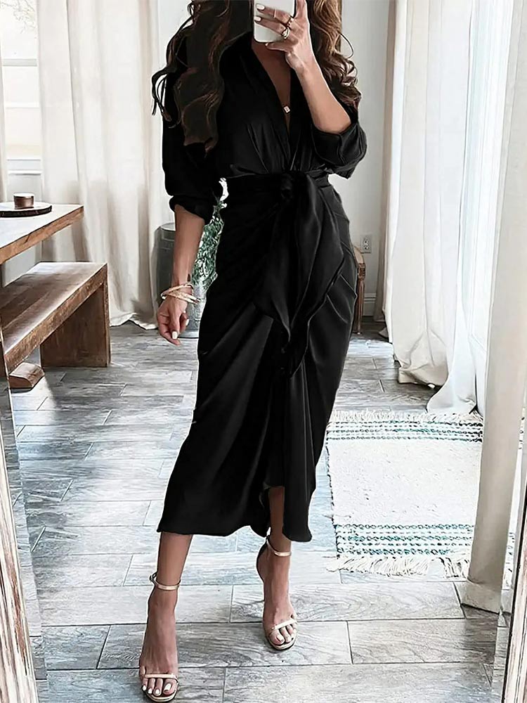 Women's Long Sleeve Lapel V Neck Button Down Satin Dresses Elegant Ruched Maxi Dress