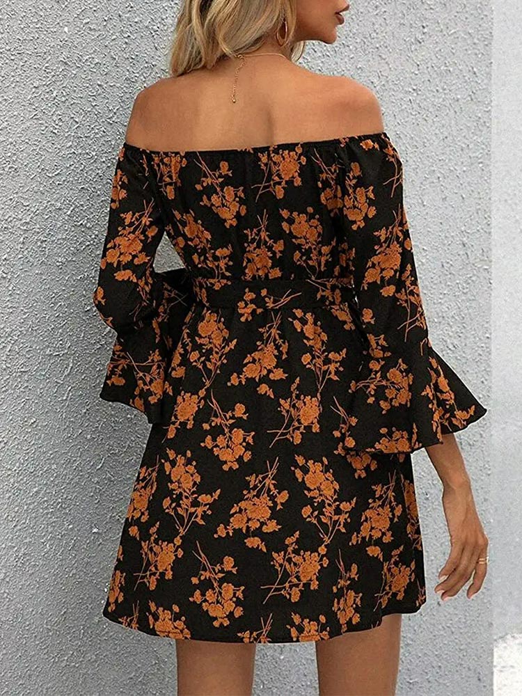 Women's Off Shoulder Ruffle Floral Wedding Guest Dresses A Line Shift Short Dress