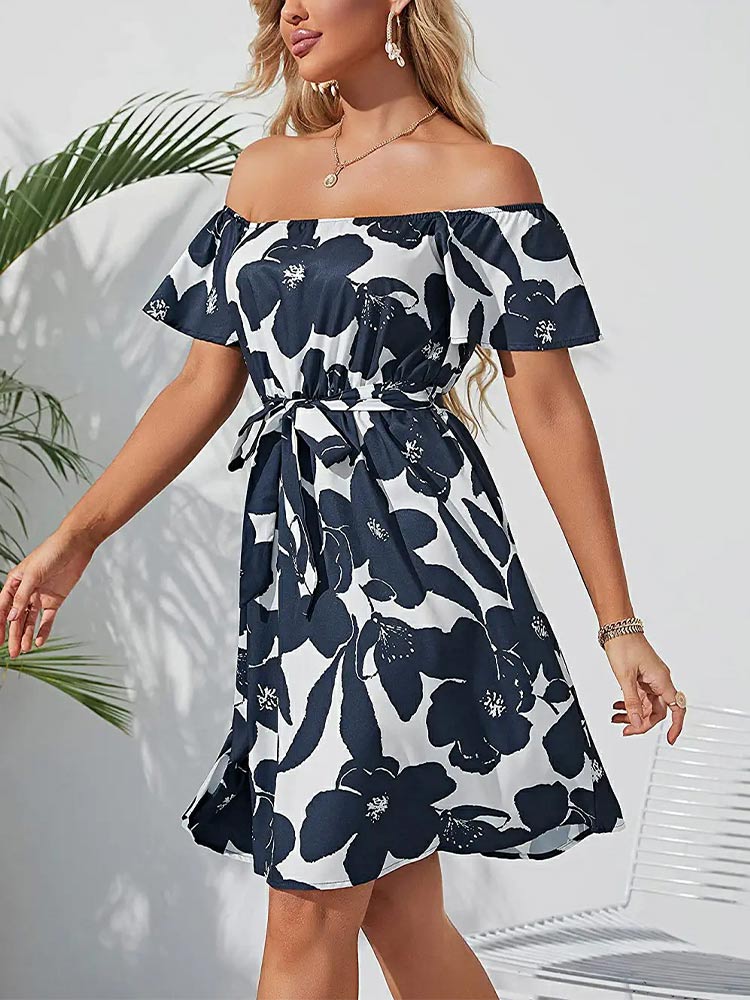 Women's Off Shoulder Ruffle Floral Wedding Guest Dresses A Line Shift Short Dress