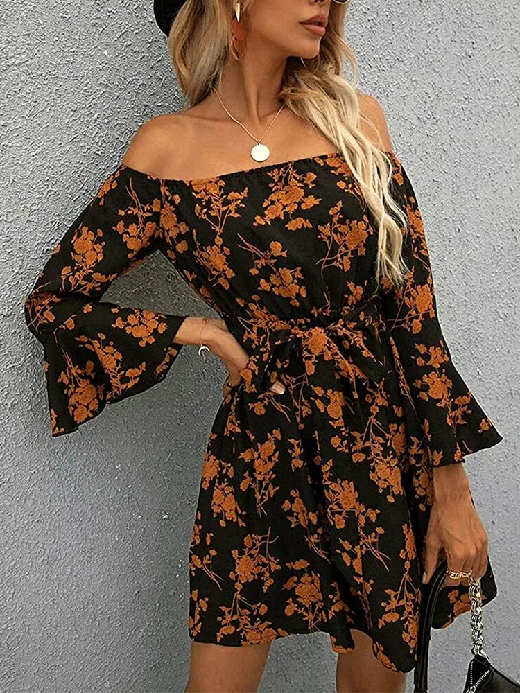 Women's Off Shoulder Ruffle Floral Wedding Guest Dresses A Line Shift Short Dress