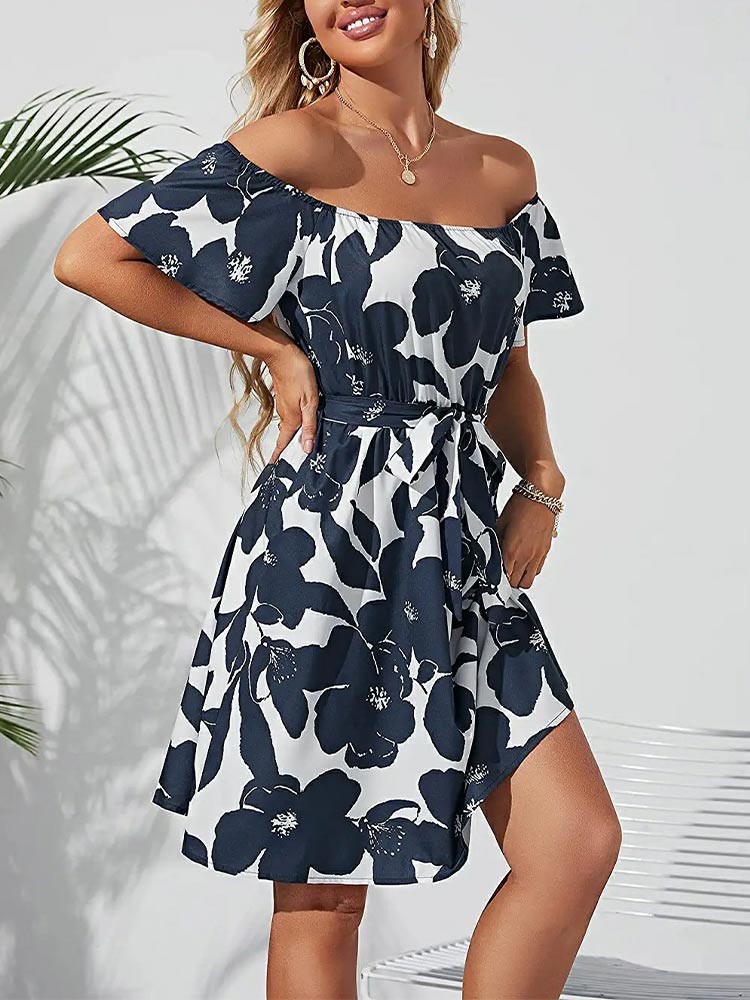 Women's Off Shoulder Ruffle Floral Wedding Guest Dresses A Line Shift Short Dress