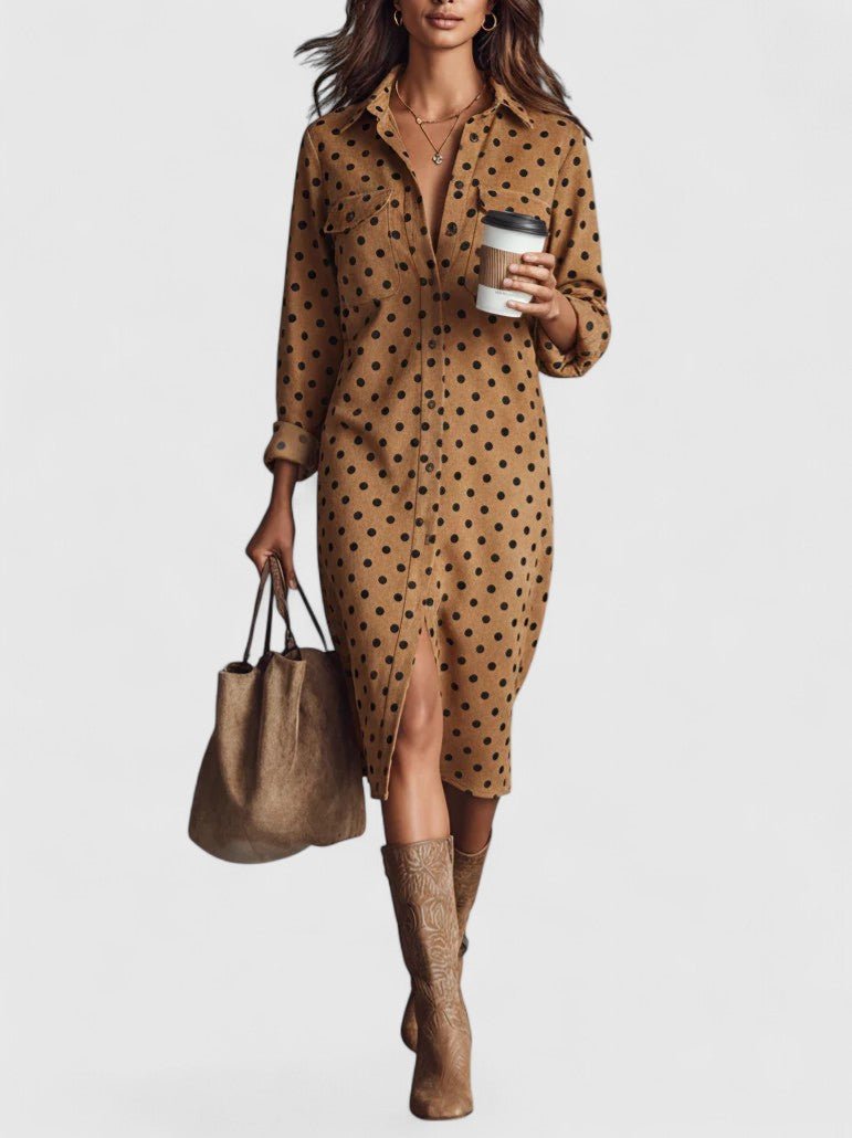 Brown Collared Polka Dot Long Sleeve Button-Front Suede Midi Shirt Dress