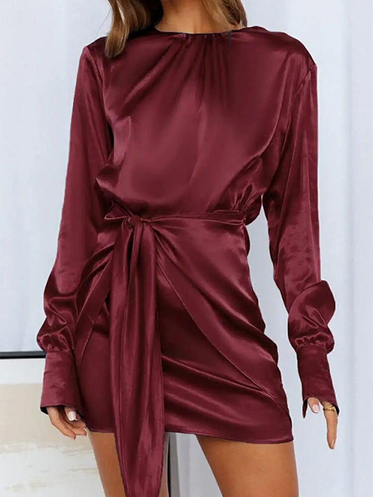 Women's Satin Long Sleeve Crewneck Elastic Tie Waist Elegant Cocktail Party Mini Dress