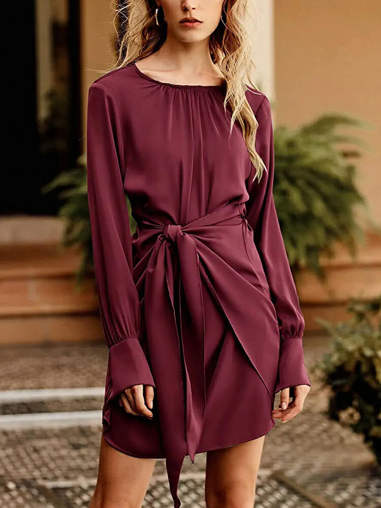 Women's Satin Long Sleeve Crewneck Elastic Tie Waist Elegant Cocktail Party Mini Dress
