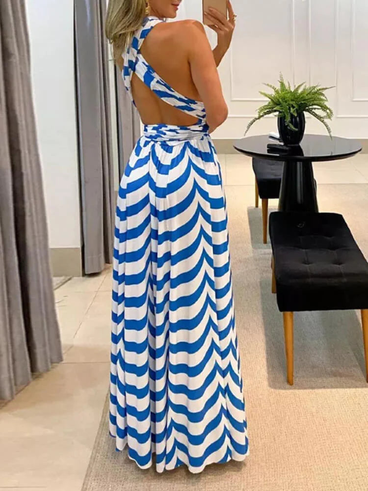 Women's Summer Sweet Striped Halter Neck High Waist Slit Maxi Dress