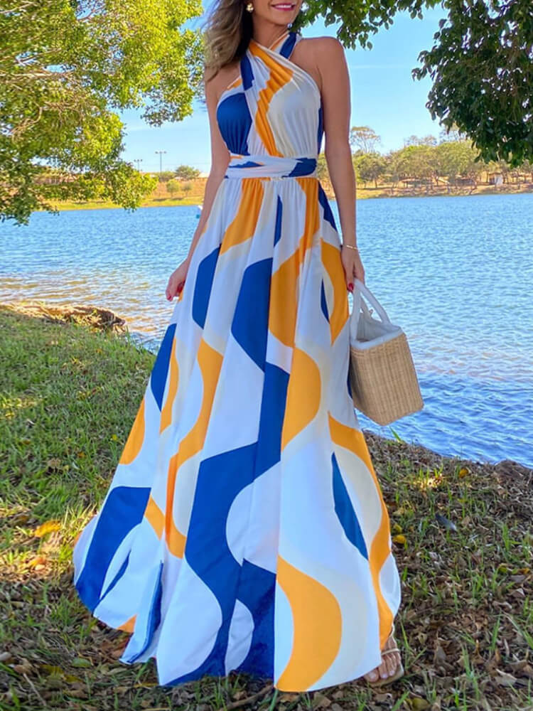 Women's Summer Sweet Striped Halter Neck High Waist Slit Maxi Dress
