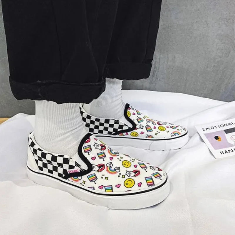 Womens Canvas Shoes Multicolor Checkerboard Design Men SlipOn Footwear Girls Flats Couple Summer Fashion Sneakers Size 3544