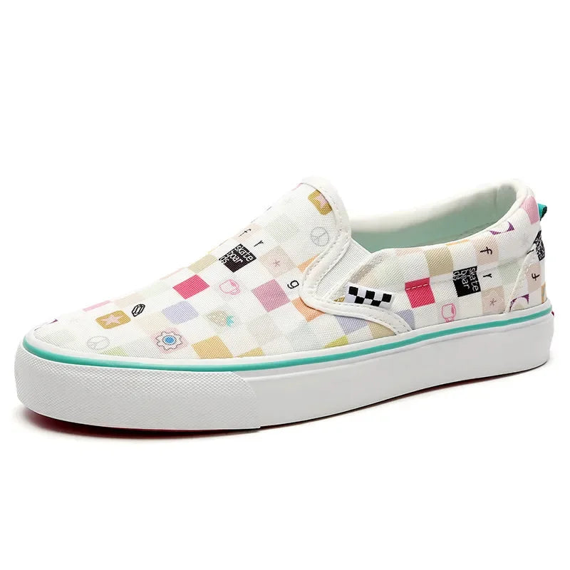 Womens Canvas Multicolor Checkerboard Design SlipOn Flats Summer Fashion Skateboard