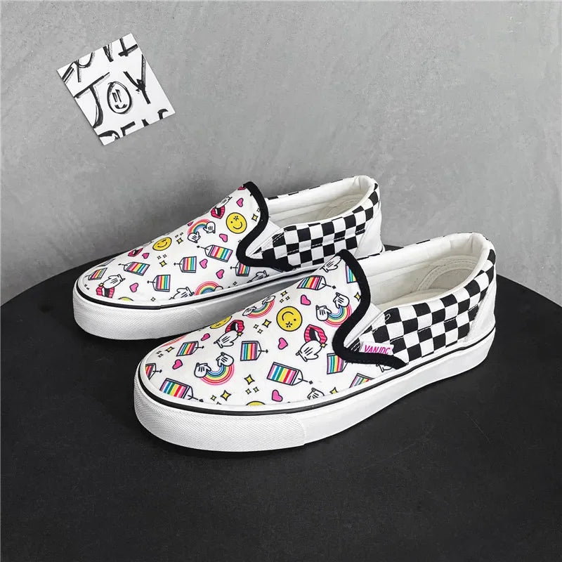 Womens Canvas Shoes Multicolor Checkerboard Design Men SlipOn Footwear Girls Flats Couple Summer Fashion Sneakers Size 3544