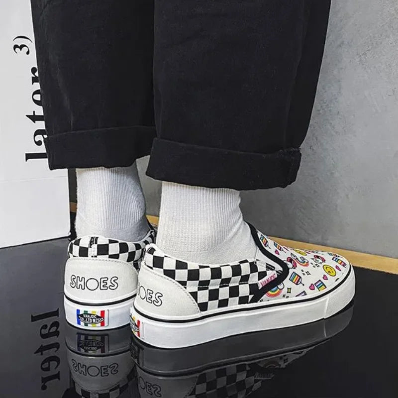 Womens Canvas Multicolor Checkerboard Design SlipOn Flats Summer Fashion Skateboard