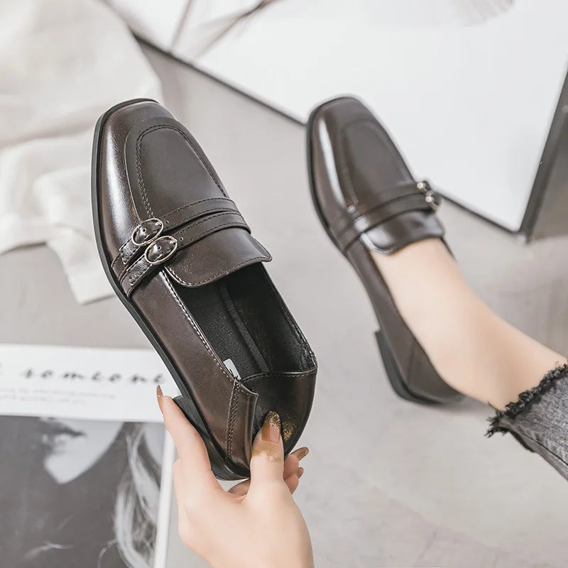Black Fur Square Toe AllMatch Leather Fall Casual Derby Oxfords Loafers