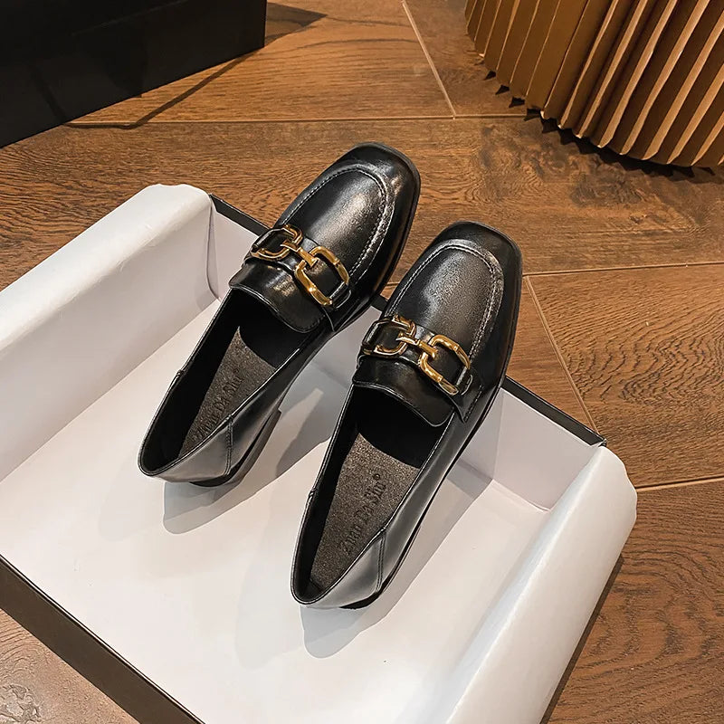 Black Fur Square Toe AllMatch Leather Fall Casual Derby Oxfords Loafers