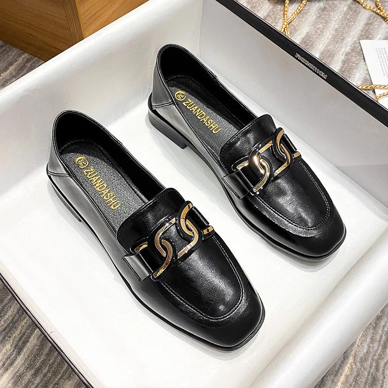 Black Fur Square Toe AllMatch Leather Fall Casual Derby Oxfords Loafers
