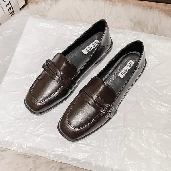 Black Fur Square Toe AllMatch Leather Fall Casual Derby Oxfords Loafers
