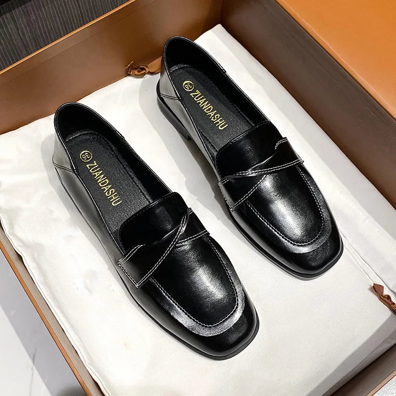 Black Fur Square Toe AllMatch Leather Fall Casual Derby Oxfords Loafers