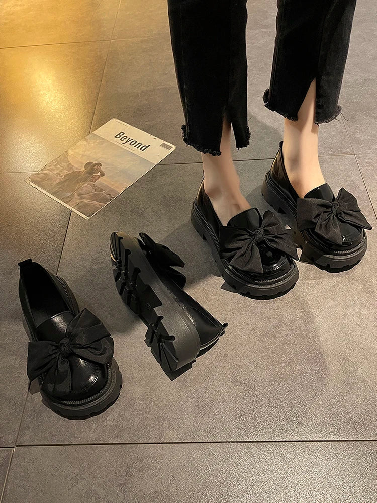 Fur Round Toe Platform Retro Leather Casual BowKnot AllMatch Derby Loafers