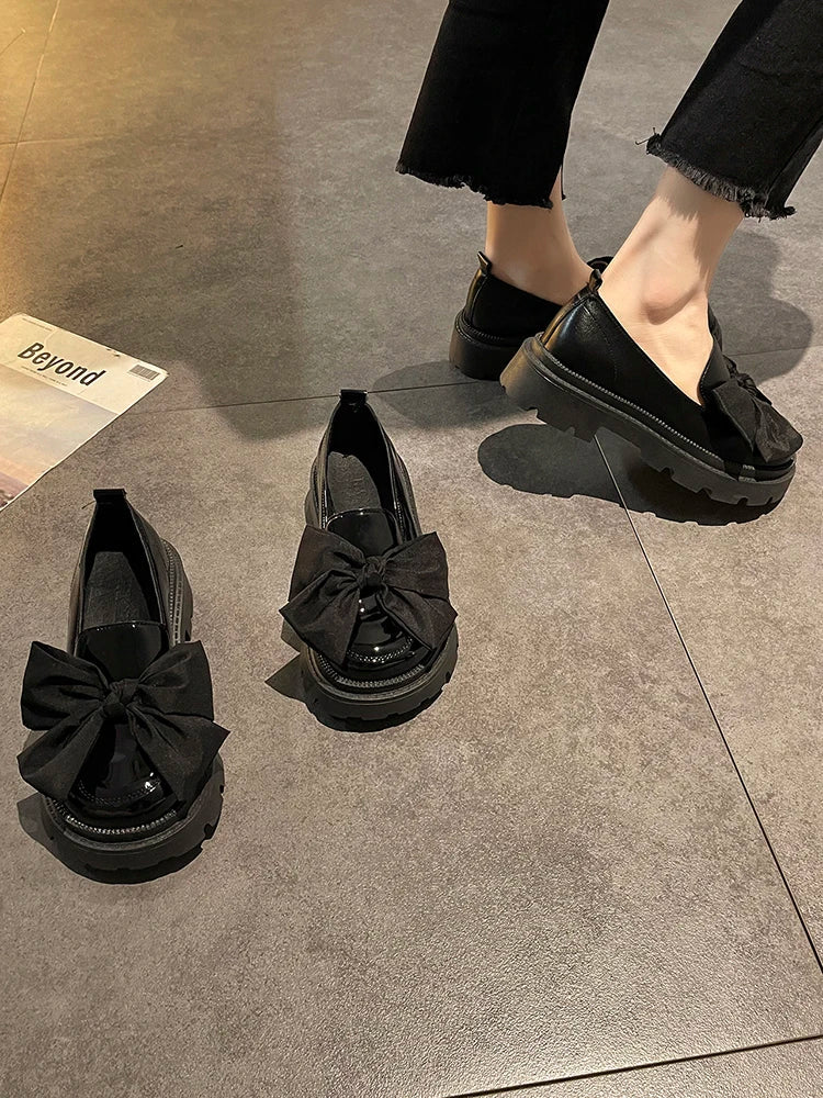 Fur Round Toe Platform Retro Leather Casual BowKnot AllMatch Derby Loafers