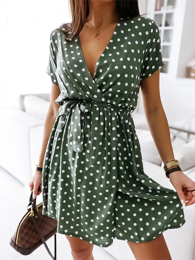 Polka Dot VNeck Split Boho Midi Dress
