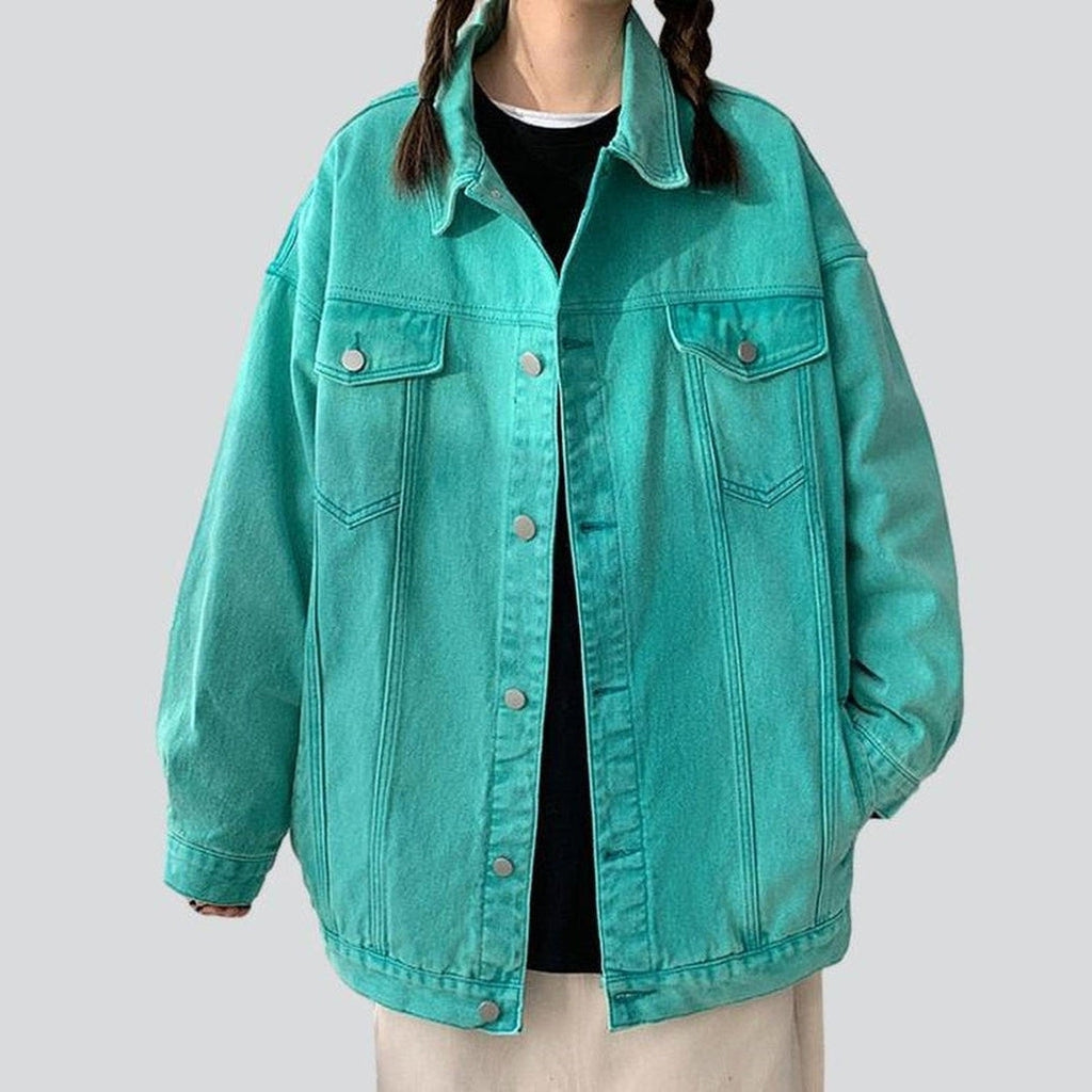 Collared Flap Pocket Button Front Oversized Denim Jacket