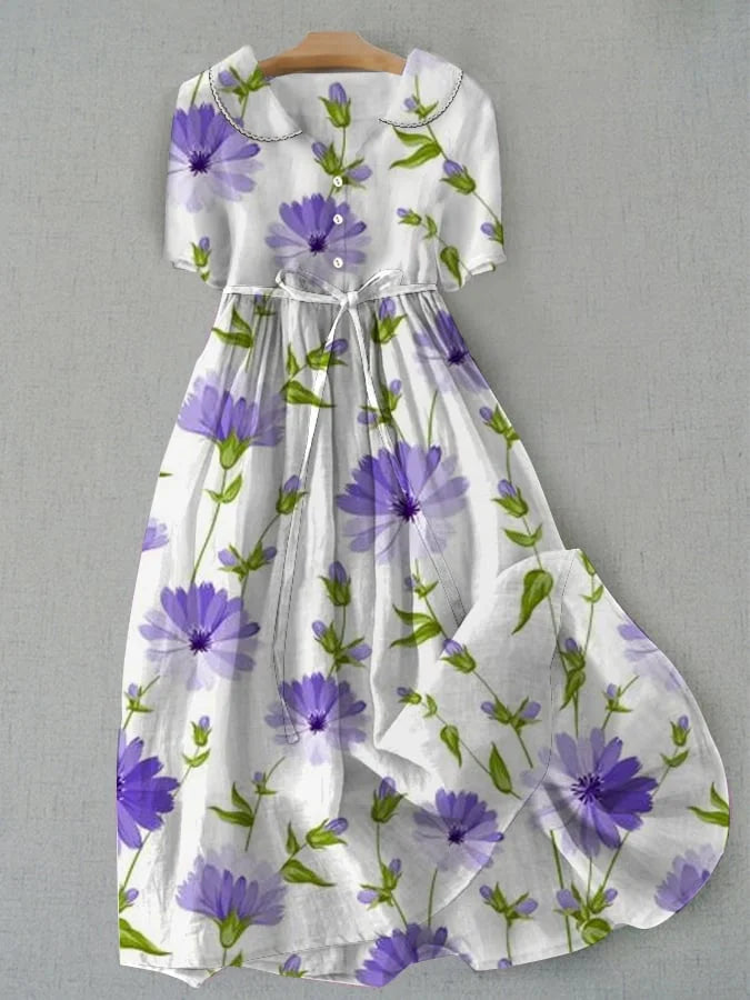 Multi Collared Floral Print Button Front Tie Waist Short Sleeve Midi Dress