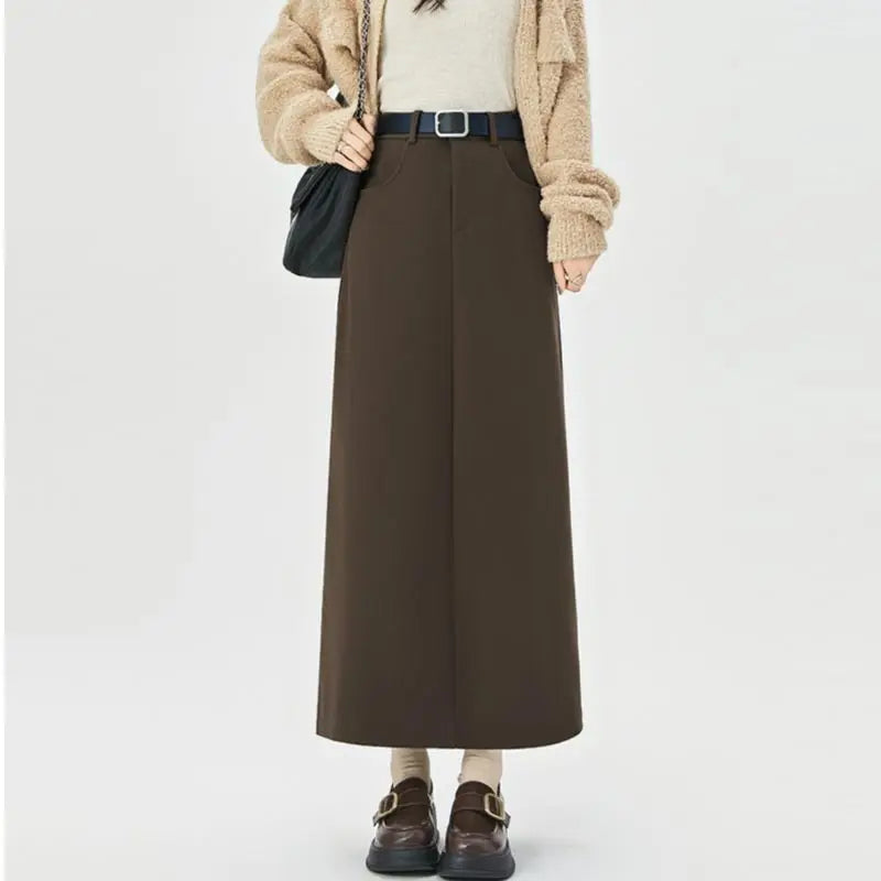 Woolen Autumn Winter Highwaist Slim Fit Straight Hiphugging Skirt
