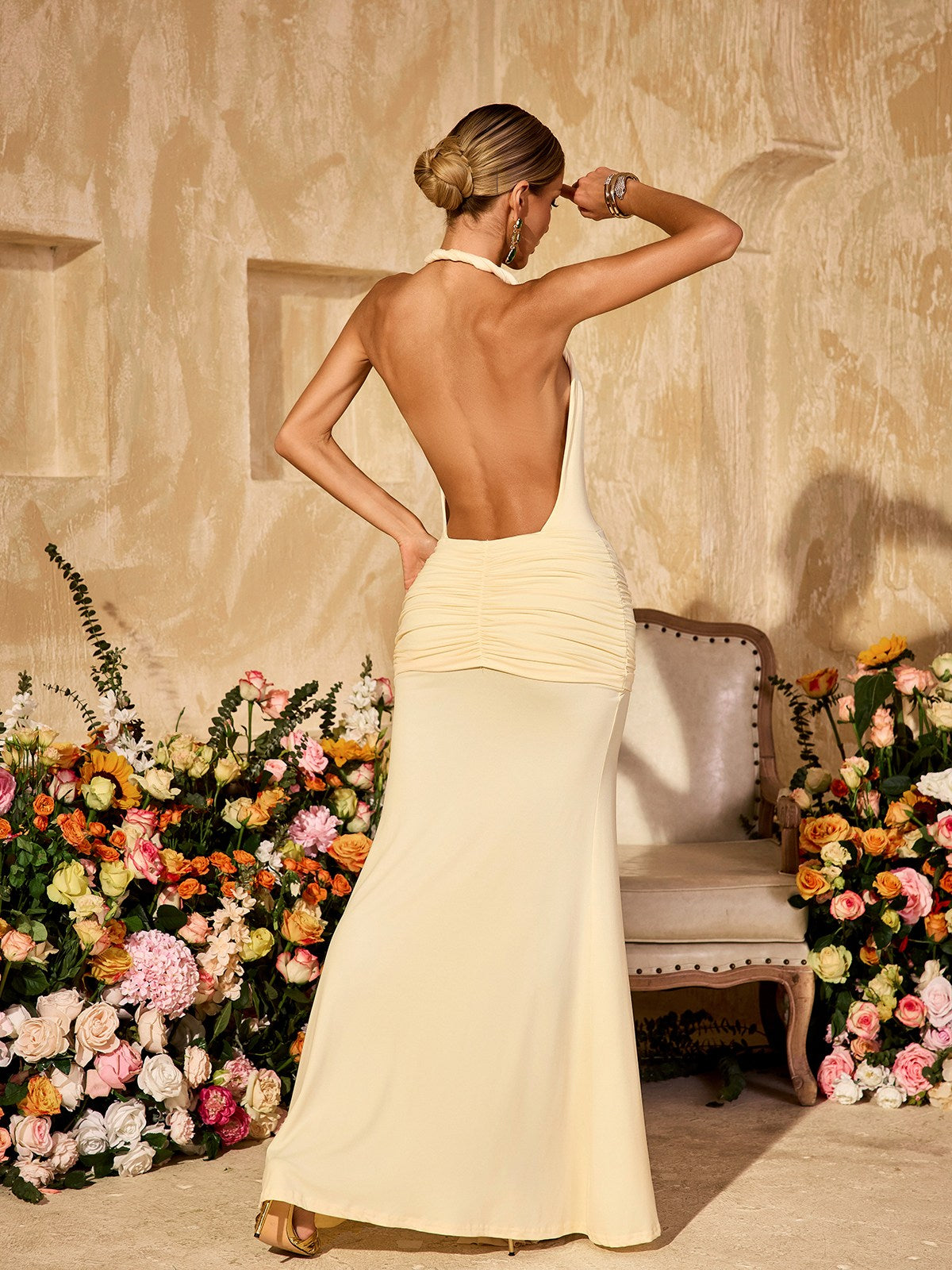 Plunge Neck Ruched Split Maxi Dress