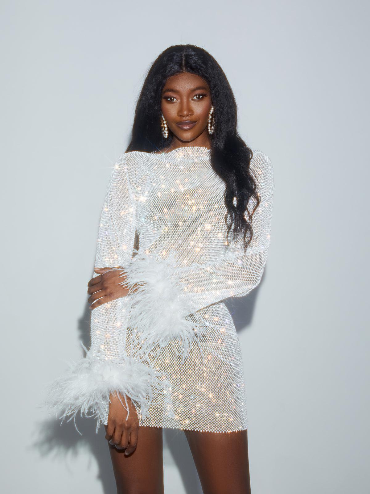 Rhinestone Mesh Feather Cuff Long Sleeve Bodycon Mini Dress