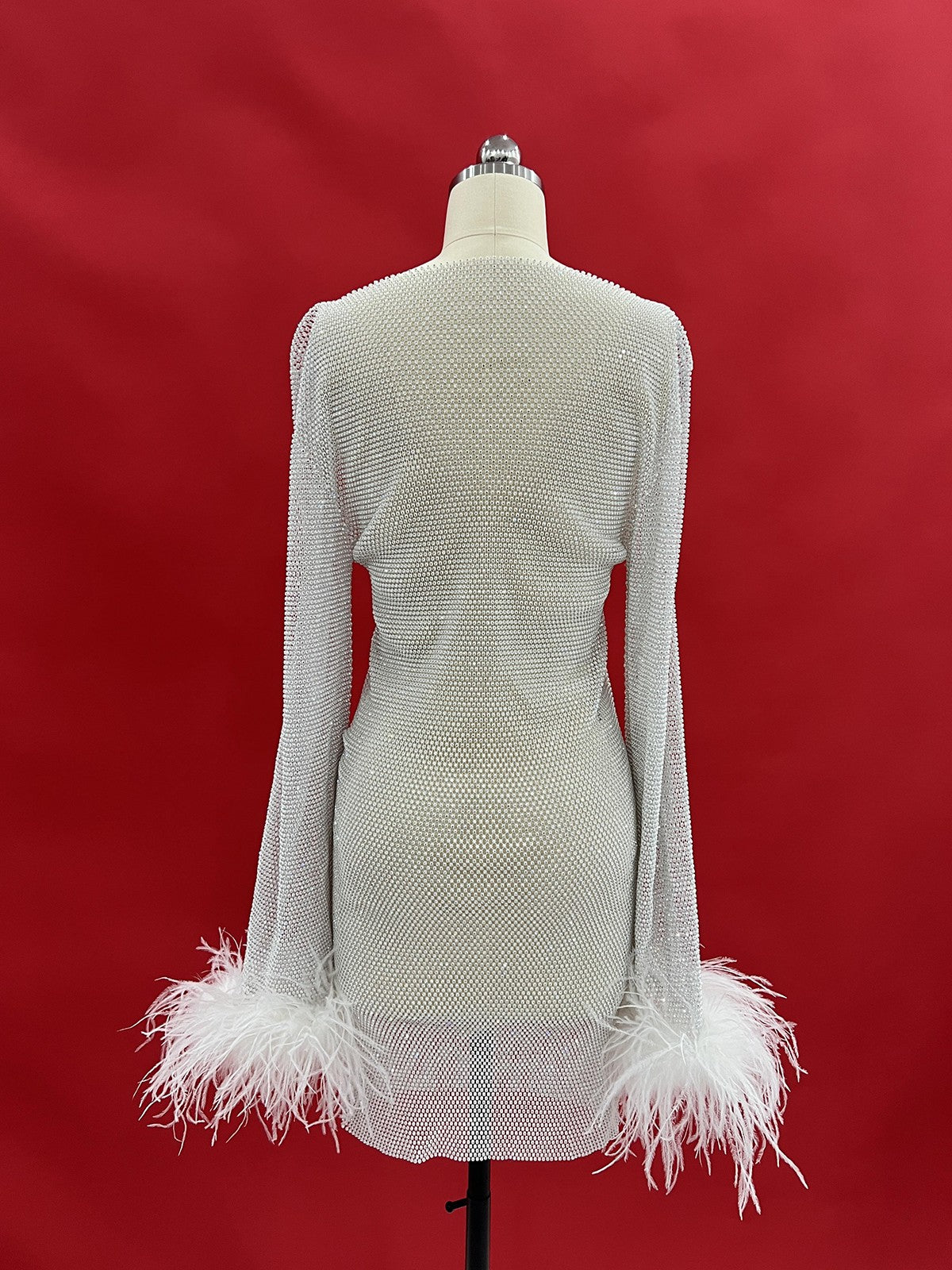 Rhinestone Mesh Feather Cuff Long Sleeve Bodycon Mini Dress