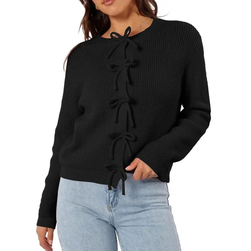 Y2K Bow Front Round Neck Cardigan Black / S Cardigan-241208
