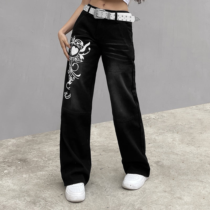 Y2K Jeans Low Rise Trousers Blue Vintage Gothic Print Baggy Casual Wide Leg Denim Aesthetic