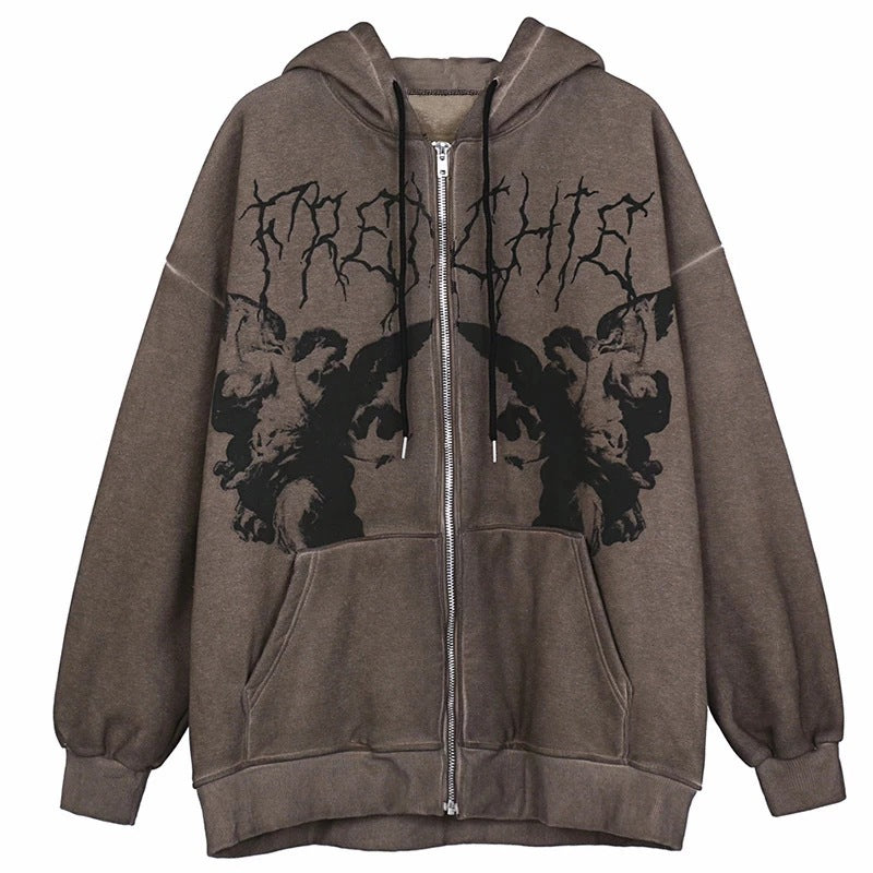 Gothic Punk Skeleton Print Hoody Jacket Brown / M