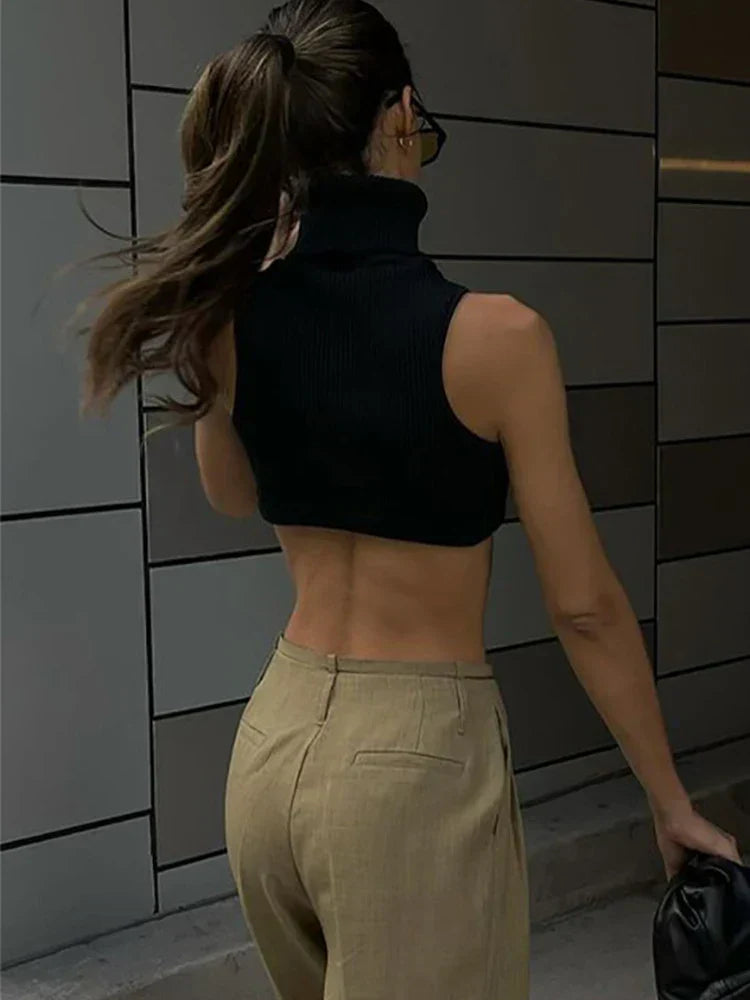 Y2k Black Knitting Turtleneck Crop Women Irregularity Skinny Elasticity Fashion Club Streetwear Tank top