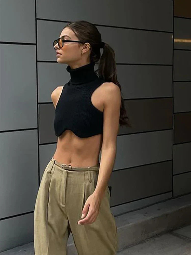 Y2k Black Knitting Turtleneck Crop Women Irregularity Skinny Elasticity Fashion Club Streetwear Tank top