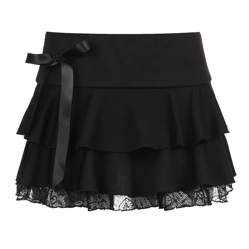 Y2k Bow Lace Trim Aline Party Mini Mall Gothic Ruffles Low Waist Black Women Lolita Fashion Skirt