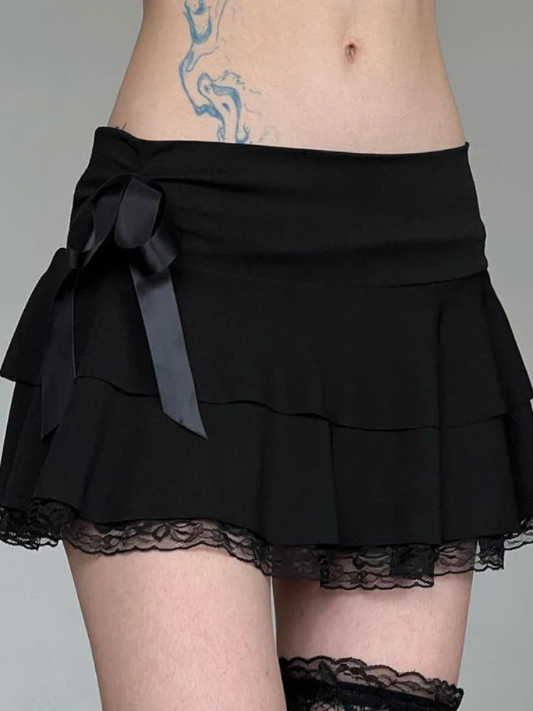 Y2k Bow Lace Trim Aline Party Mini Mall Gothic Ruffles Low Waist Black Women Lolita Fashion Skirt