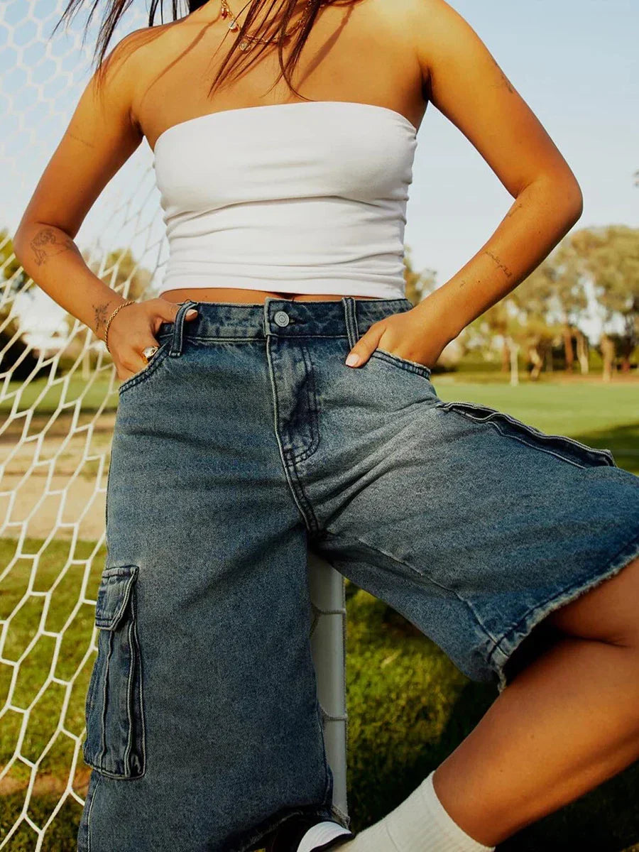 Loose Cargo Wide-Leg Denim Short