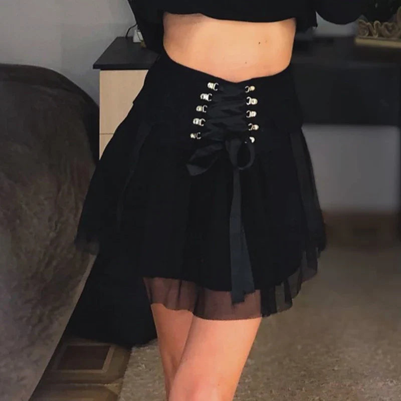 Y2k Vintage Dark Straps Female Style Ladies Harajuku Mesh Summer Streetwear Black Sexy High Waist ALine Skirt