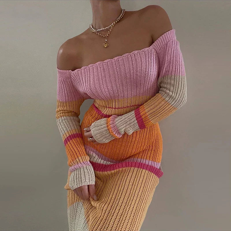 Fernanda Minimalist Off Shoulder Striped Knit Maxi Dress Evening Wear Edit