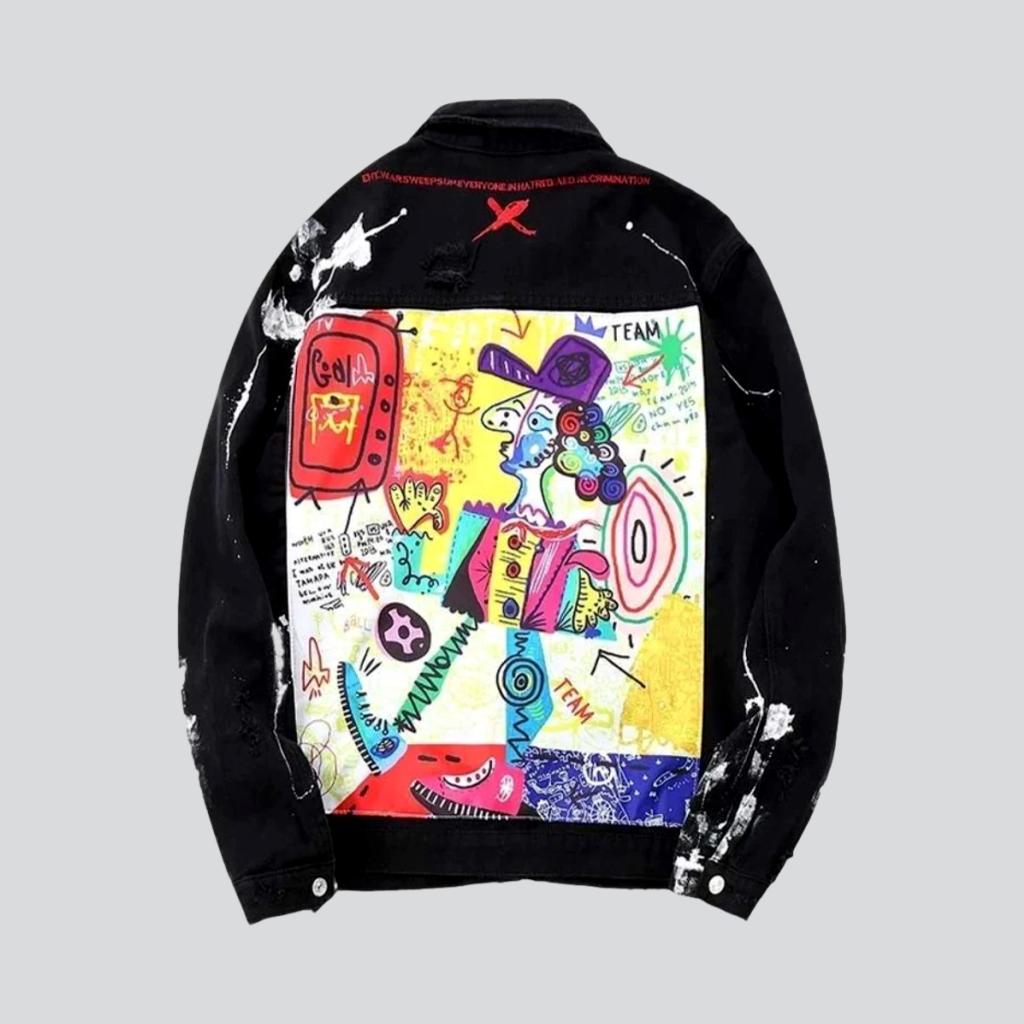 Black Graffiti Print Distressed Paint Splatter Denim Jacket