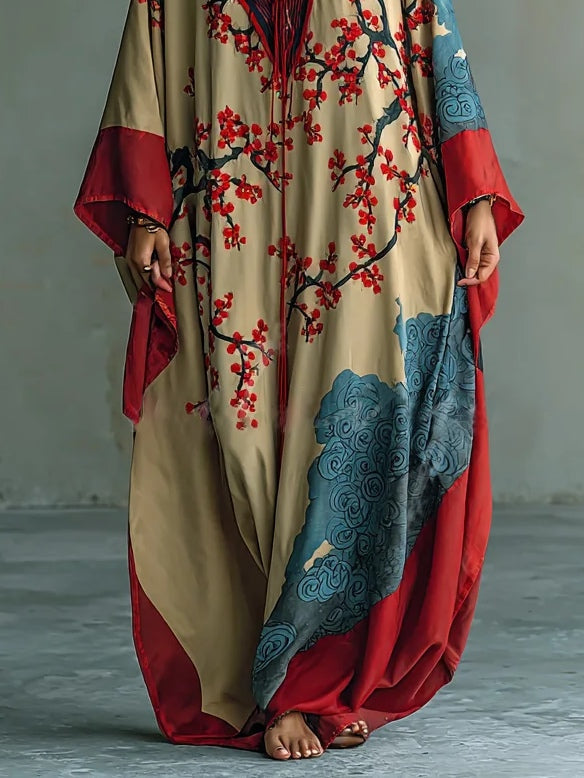 Red V-Neck Blossom Print Batwing Sleeve Satin Kaftan Maxi Dress