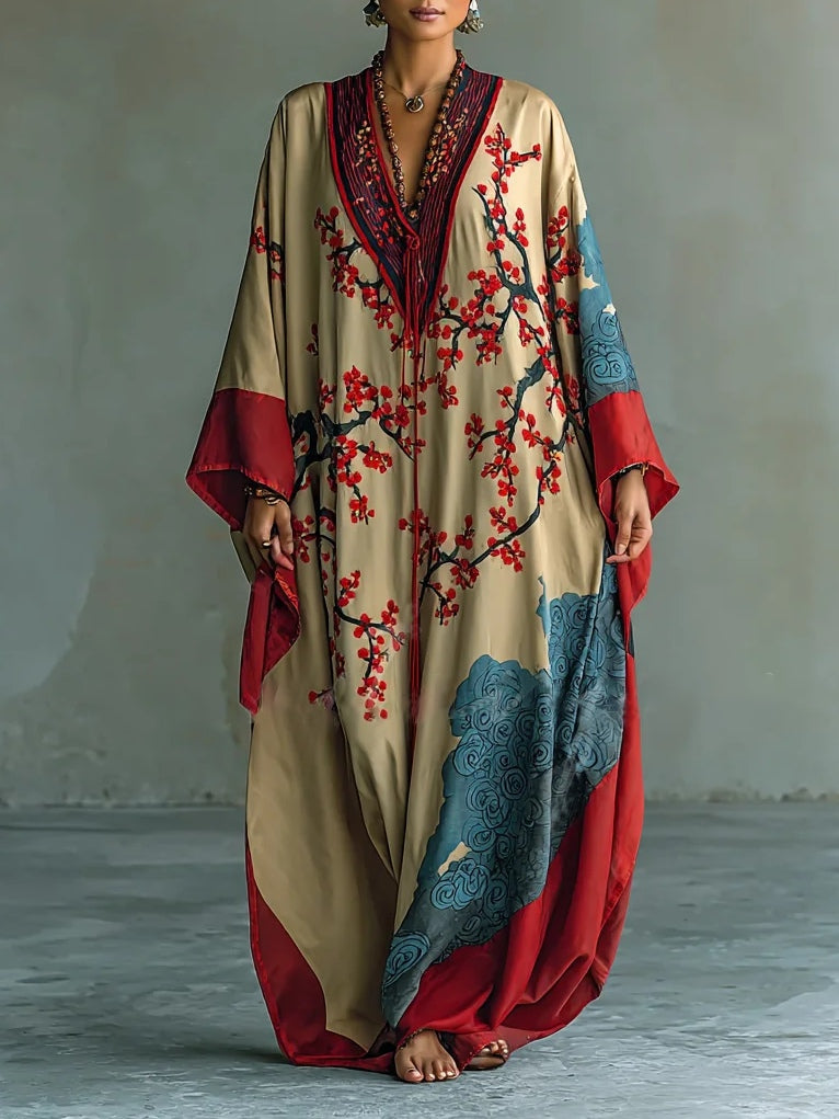 Red V-Neck Blossom Print Batwing Sleeve Satin Kaftan Maxi Dress