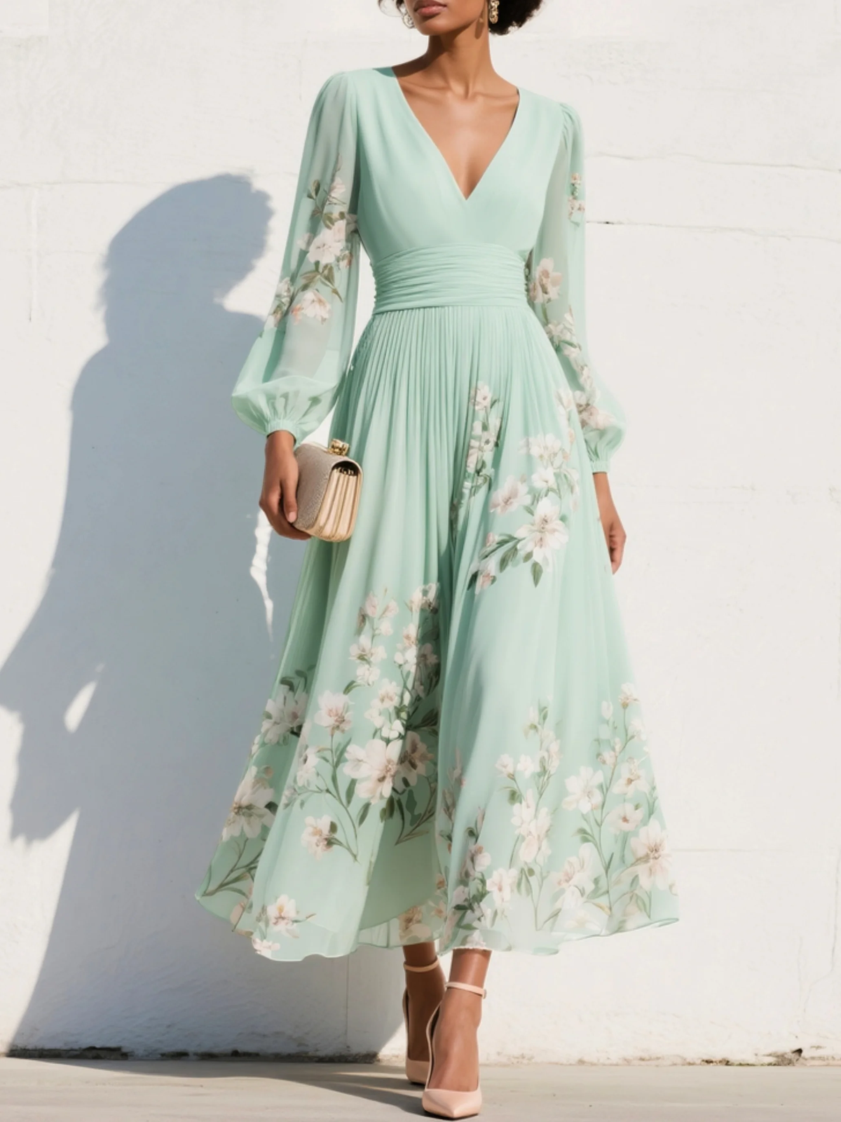 Green V-Neck Long Sleeve Ruched Waist Floral Pleated A-Line Midi Dress