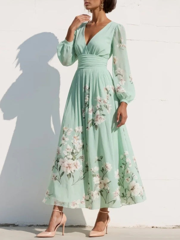 Green V-Neck Long Sleeve Ruched Waist Floral Pleated A-Line Midi Dress 2