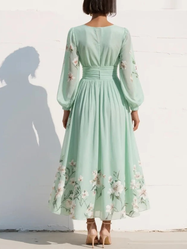 Green V-Neck Long Sleeve Ruched Waist Floral Pleated A-Line Midi Dress 3