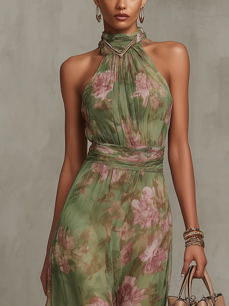 Green Floral Halter Neck Floral Chiffon Ruched Waist Maxi Dress 3
