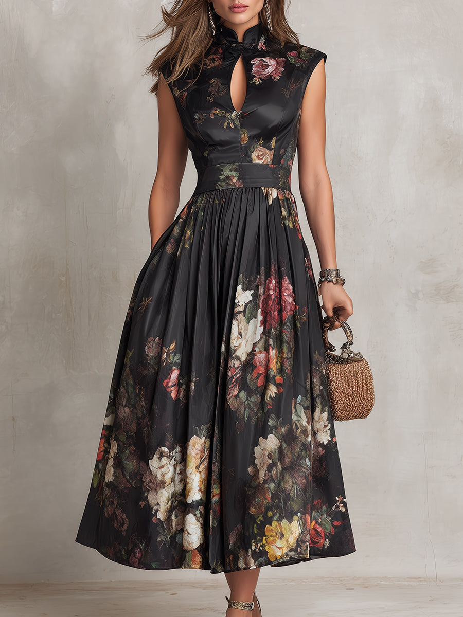 Black Stand Collar Keyhole Floral Sleeveless Satin Pleated A-Line Midi Dress