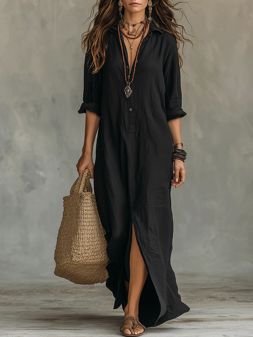 Collared Button Front Long Sleeve Linen Shirt Maxi Dress