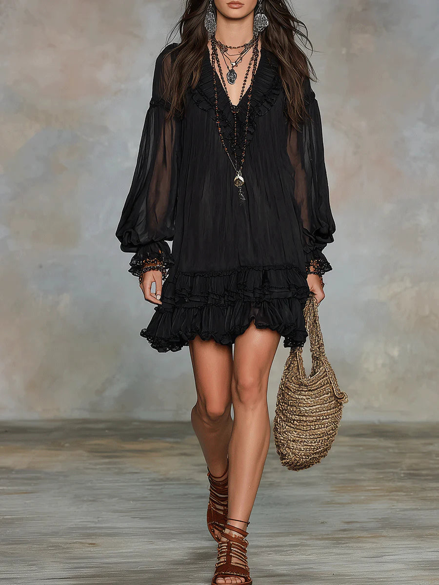 V-Neck Ruffle Trim Chiffon Bishop Sleeve Tiered Ruffle Mini Dress 4