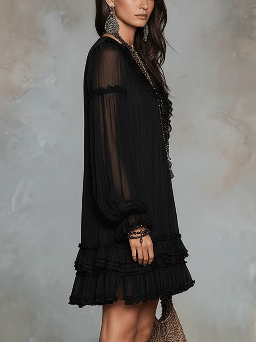 V-Neck Ruffle Trim Chiffon Bishop Sleeve Tiered Ruffle Mini Dress 3