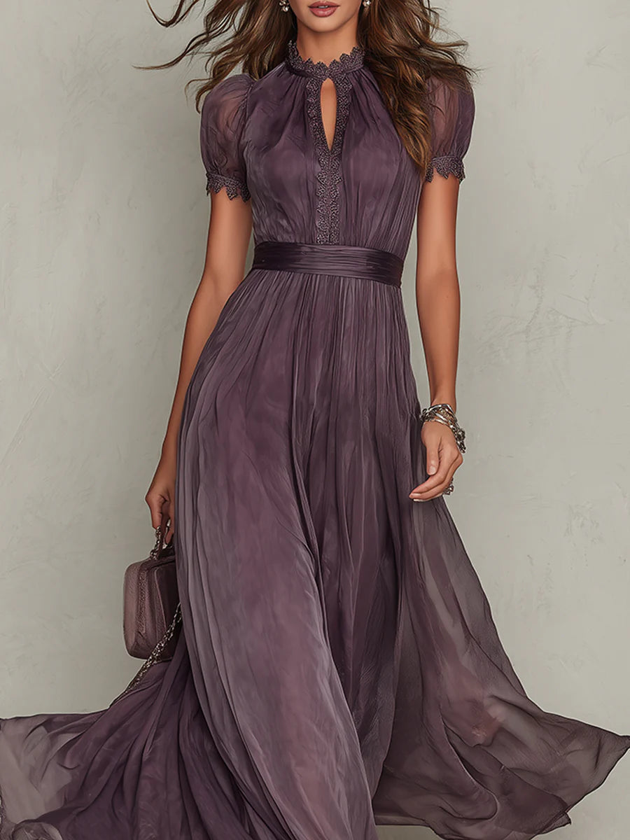 Purple Keyhole Lace Trim Puff Sleeve Chiffon A-Line Maxi Dress